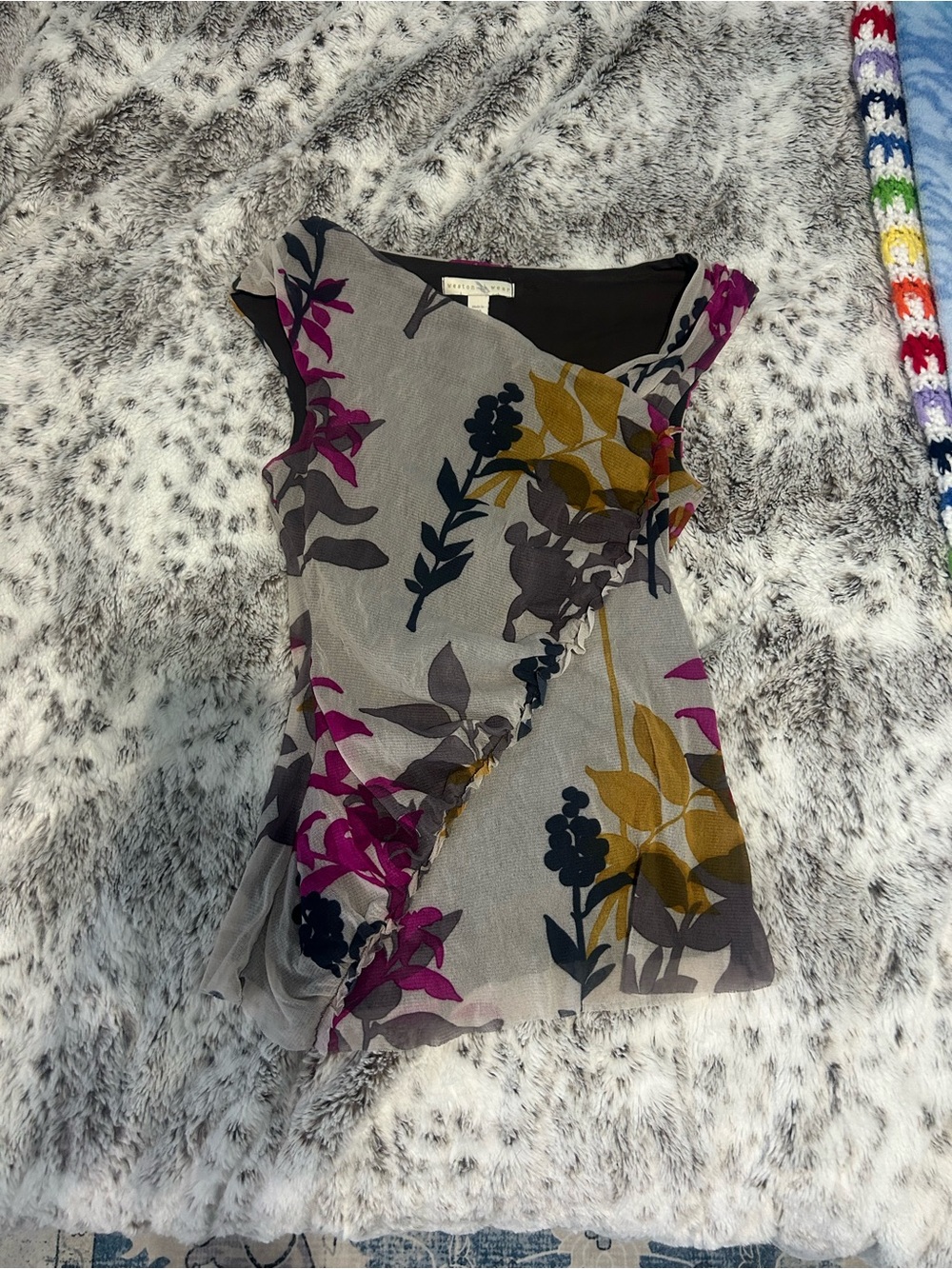 Floral Ruffle Cap-Sleeve Top - Gray with Pink & Mustard